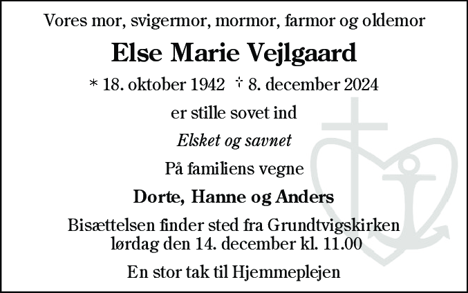 Dødsannonce for Else Marie Vejlgaard