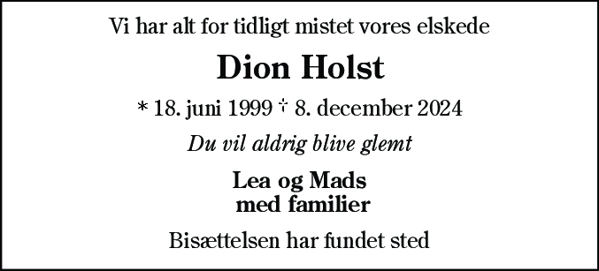 Dødsannonce for Dion Holst