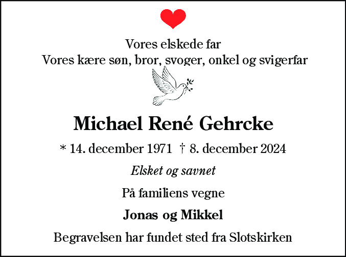 Dødsannonce for Michael René Gehrcke
