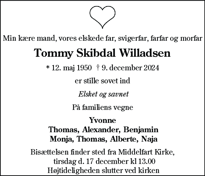 Dødsannonce for Tommy Skibdal Willadsen
