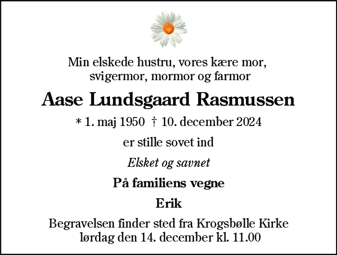 Dødsannonce for Aase Tove Lundsgaard Rasmussen