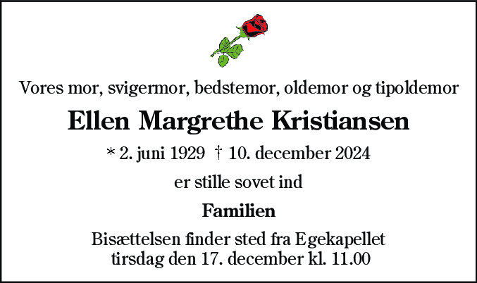 Dødsannonce for Ellen Margrethe Kristiansen
