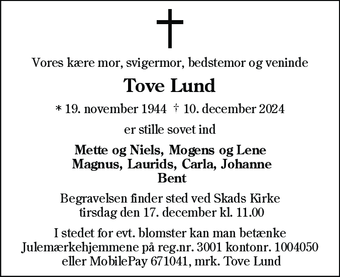 Dødsannonce for Tove Lund