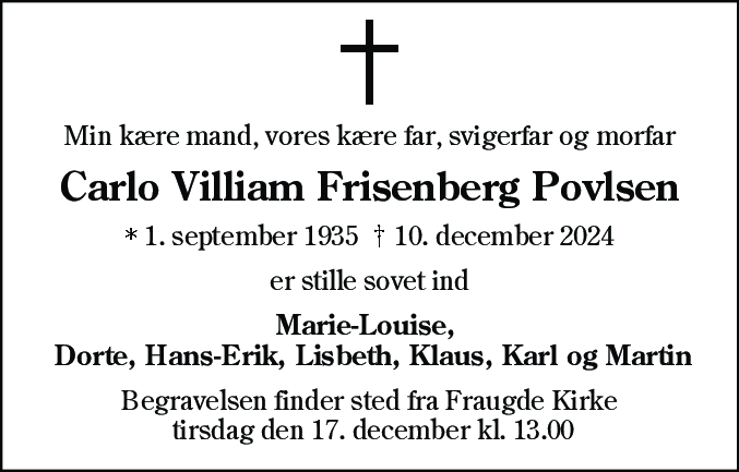 Dødsannonce for Carlo Villiam Frisenberg Povlsen