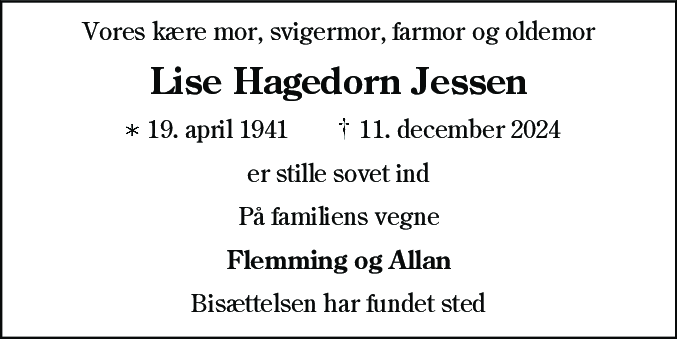 Dødsannonce for Lise Hagedorn Jessen