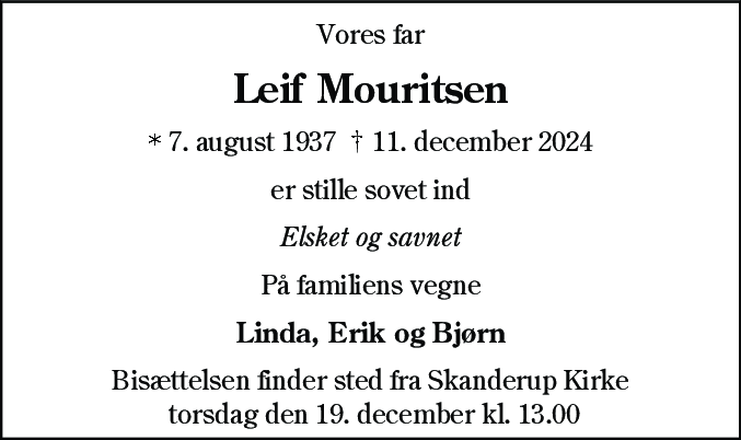 Dødsannonce for Leif Mouritsen