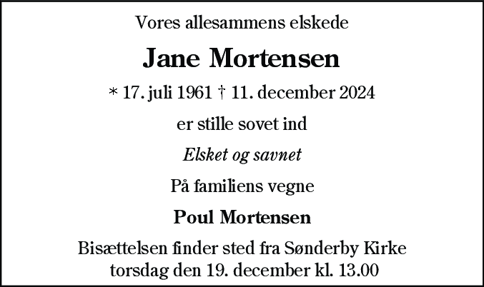 Dødsannonce for Jane Mortensen