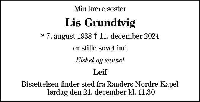 Dødsannonce for Lis Grundtvig