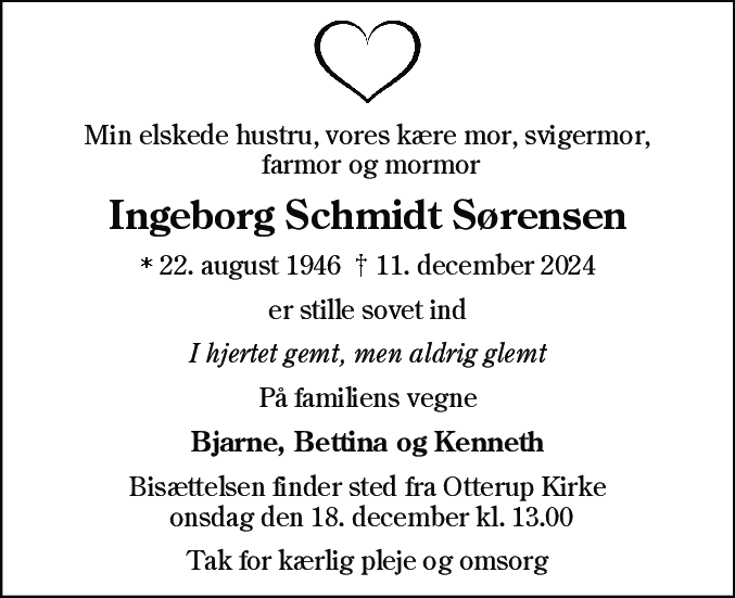 Dødsannonce for Ingeborg Schmidt Sørensen