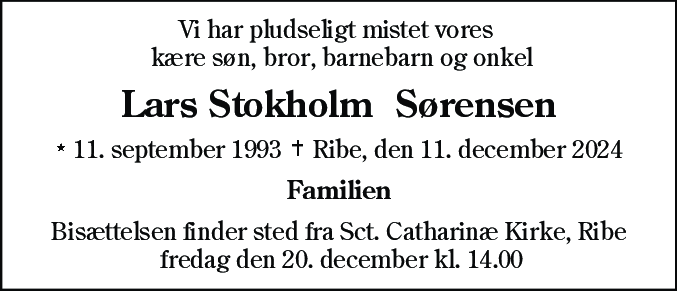 Dødsannonce for Lars Stokholm  Sørensen