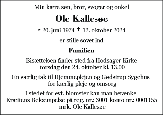 Dødsannonce for Ole Kallesøe