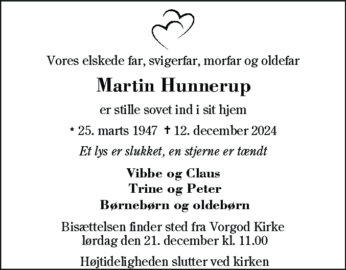 Dødsannonce for Martin Hunnerup