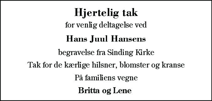 Dødsannonce for Hans Juul Hansen