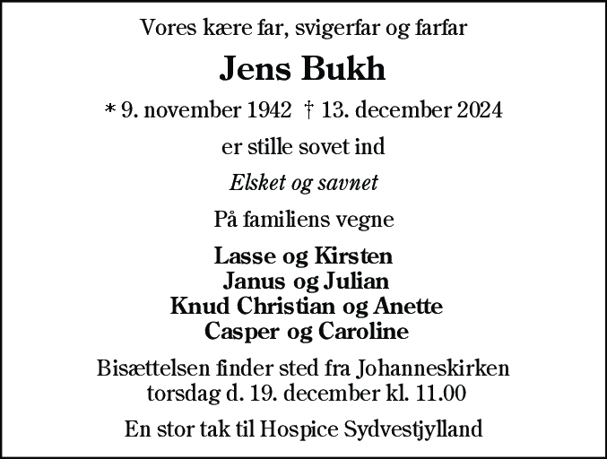 Dødsannonce for Jens Bukh
