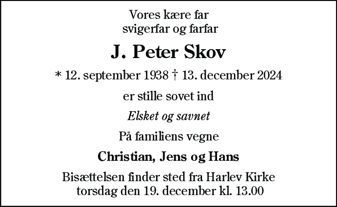 Dødsannonce for Jørgen Peter Skov