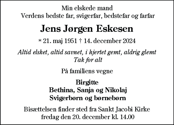 Dødsannonce for Jens Jørgen Eskesen