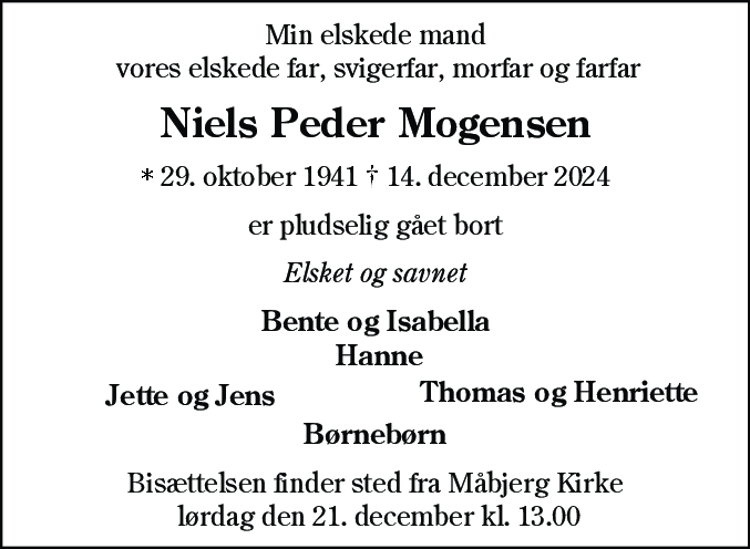 Dødsannonce for Niels Peder Mogensen