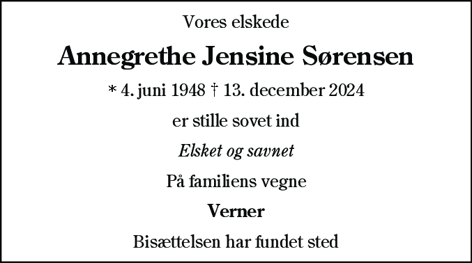 Dødsannonce for Annegrethe Jensine Sørensen