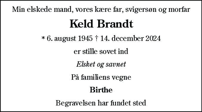 Dødsannonce for Keld Brandt