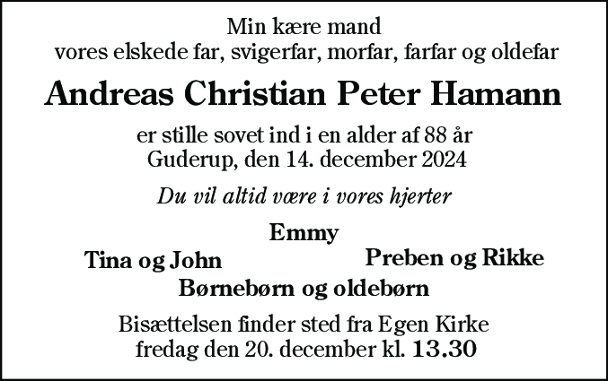 Dødsannonce for Andreas Christian Peter Hamann