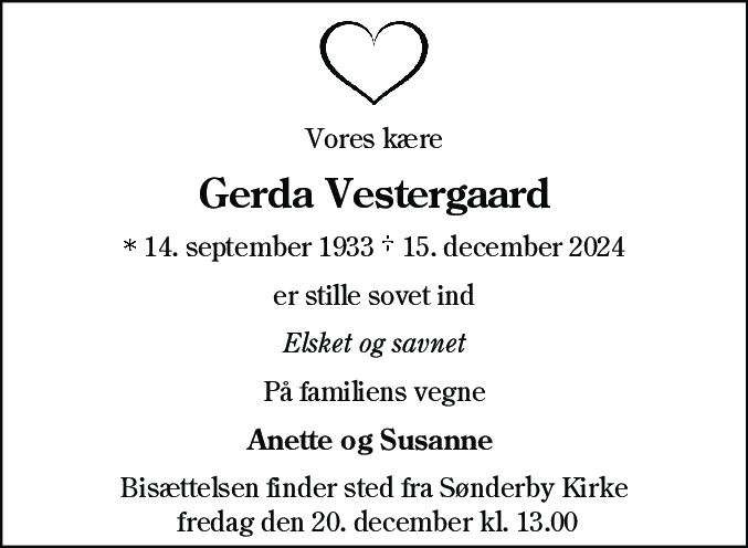 Dødsannonce for Gerda Vestergaard
