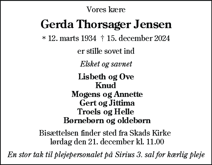 Dødsannonce for Gerda Thorsager Jensen