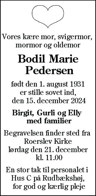Dødsannonce for Bodil Marie Pedersen