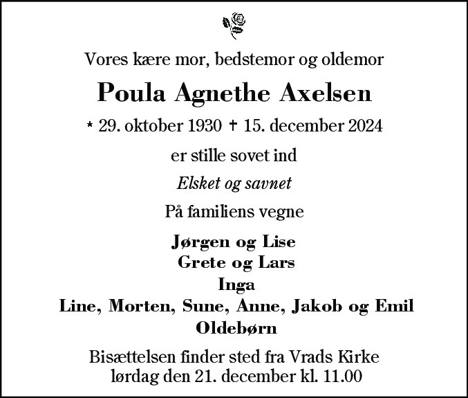Dødsannonce for Poula Agnethe Axelsen