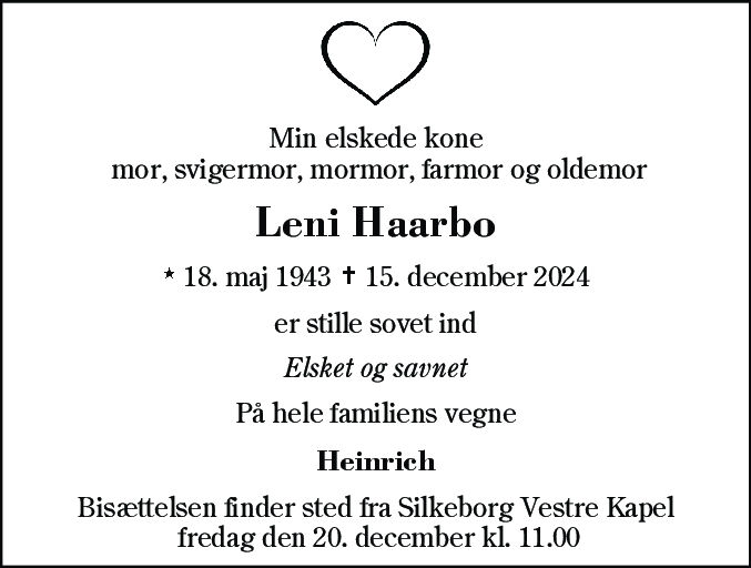 Dødsannonce for Leni Haarbo