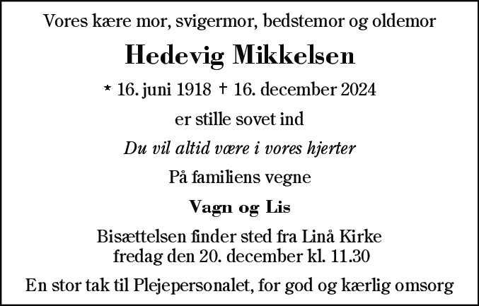 Dødsannonce for Else Marie Hedevig Mikkelsen