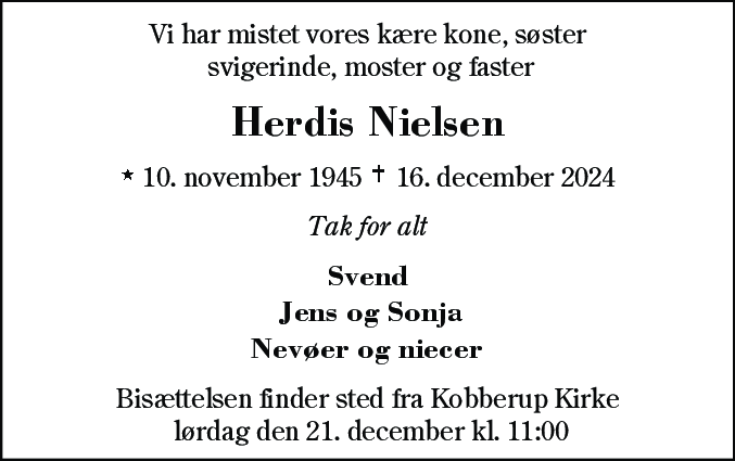 Dødsannonce for Herdis Nielsen
