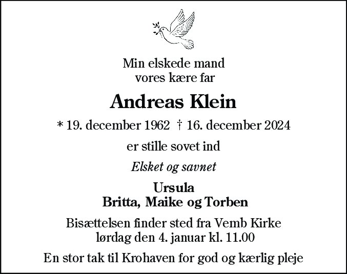 Dødsannonce for Andreas Klein