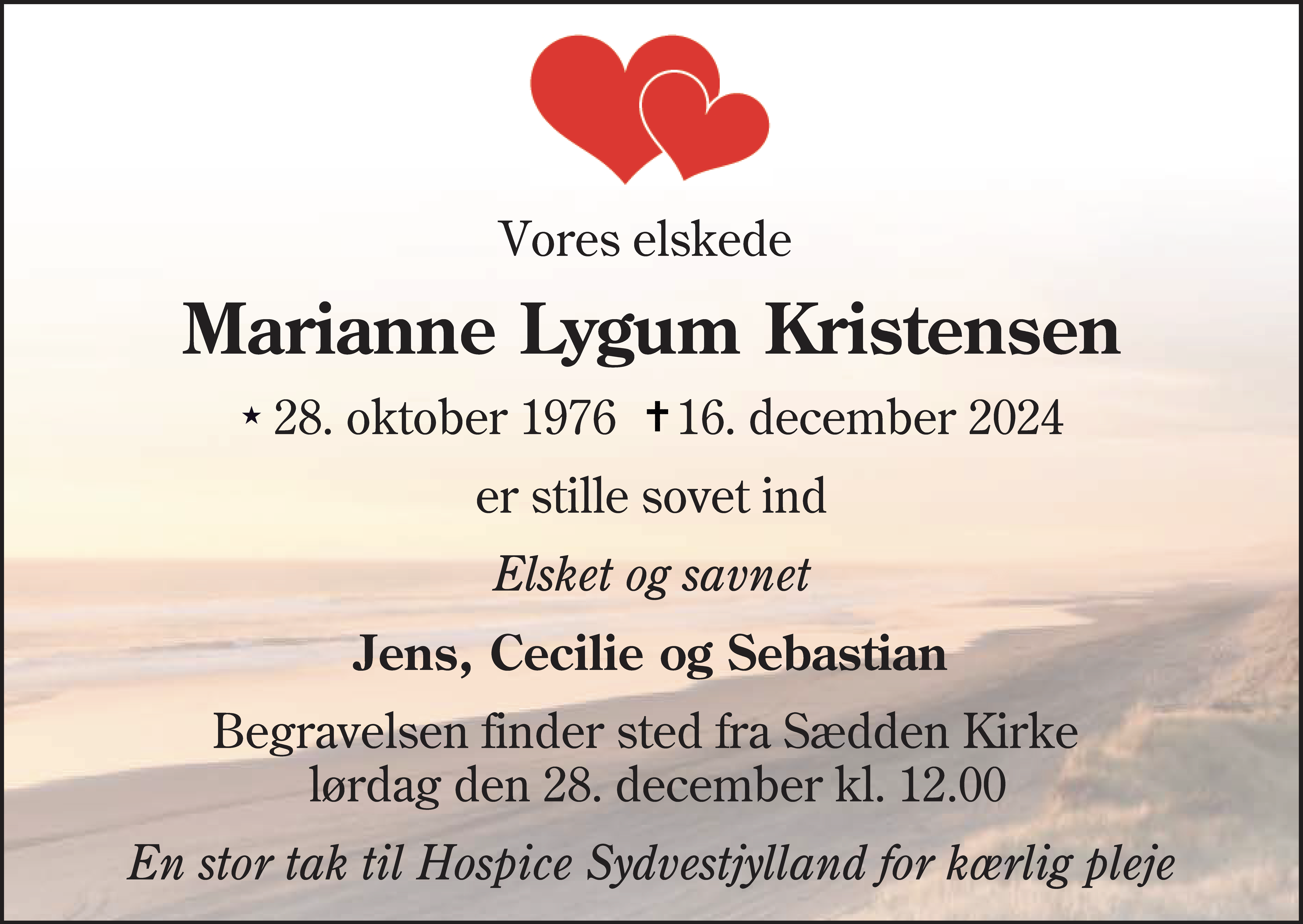 Dødsannonce for Marianne Lygum Kristensen