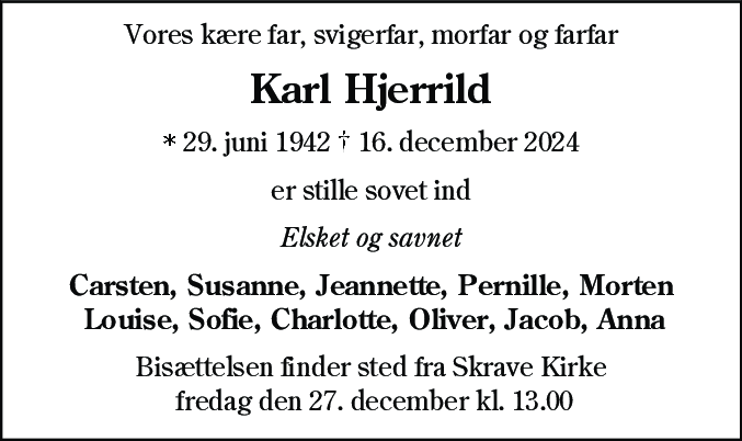 Dødsannonce for Karl Hjerrild