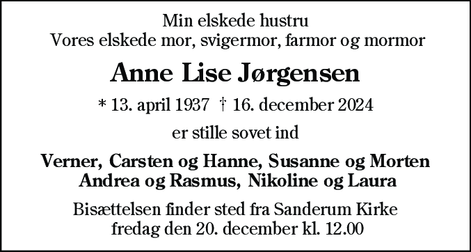 Dødsannonce for Anne Lise Jørgensen