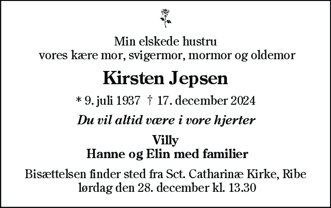 Dødsannonce for Kirsten Jepsen