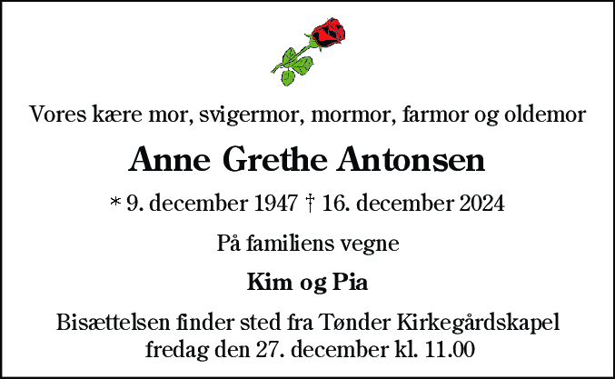 Dødsannonce for Anne Grethe Antonsen