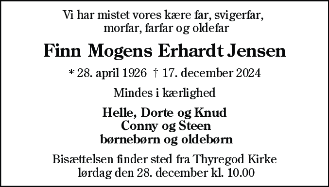 Dødsannonce for Finn Mogens Erhardt Jensen