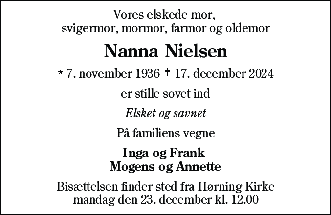 Dødsannonce for Nanna Nielsen