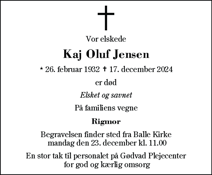 Dødsannonce for Kaj Oluf Jensen