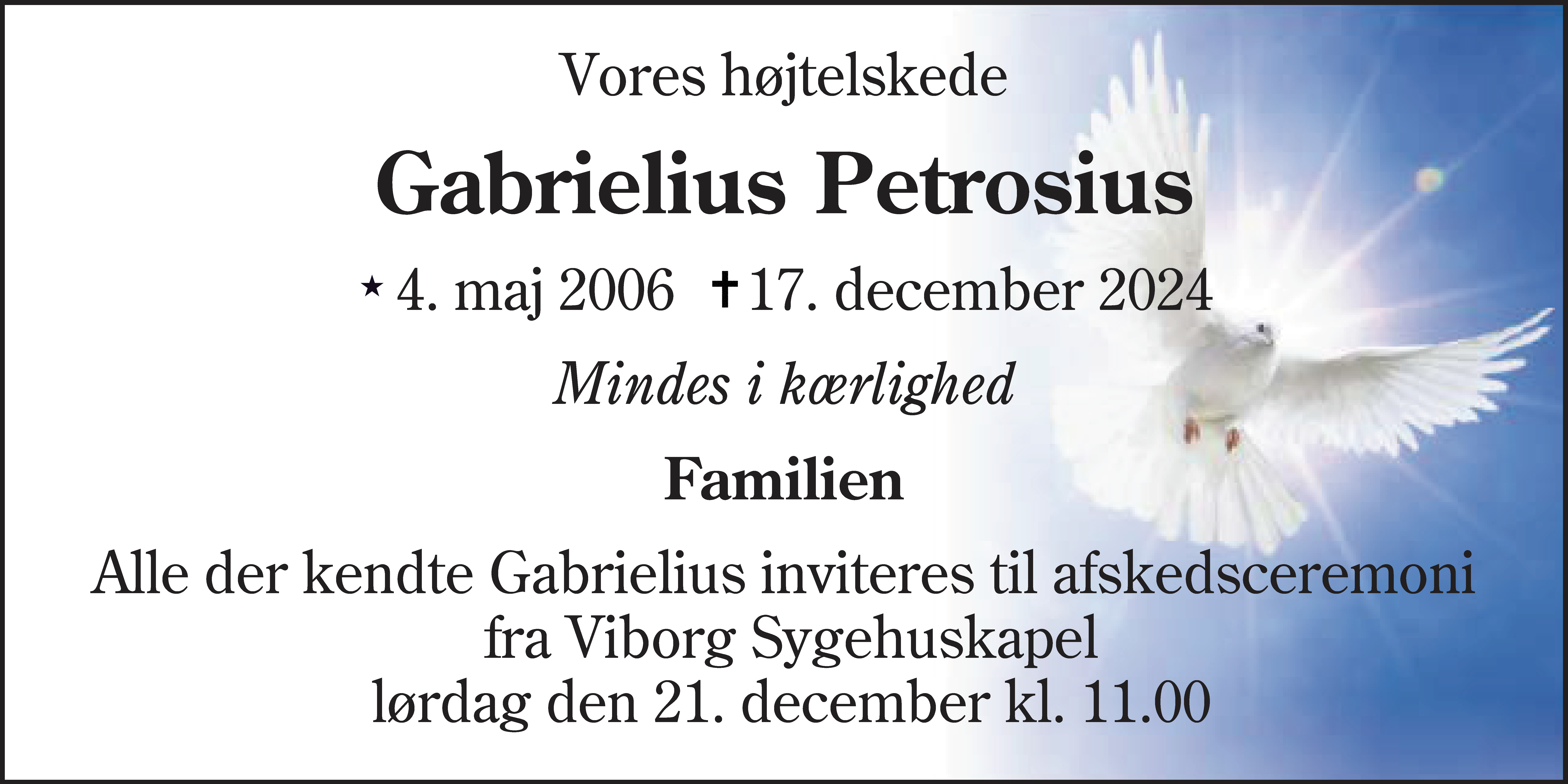 Dødsannonce for Gabrielius Petrosius