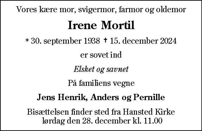 Dødsannonce for Irene Mortil