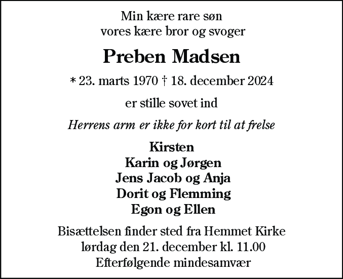 Dødsannonce for Preben Madsen