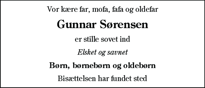 Dødsannonce for Gunnar Sørensen