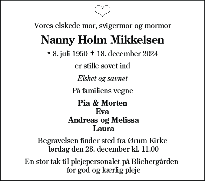 Dødsannonce for Nanny Holm Mikkelsen