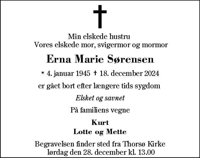 Dødsannonce for Erna Marie Sørensen