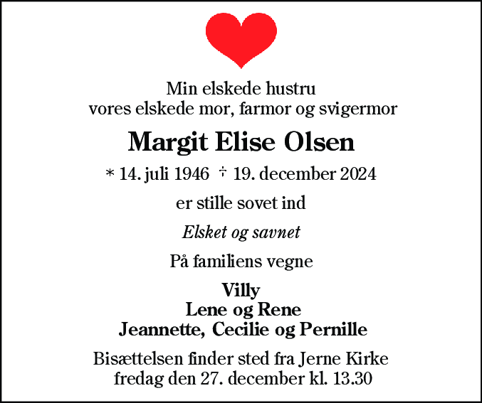 Dødsannonce for Margit Elise Olsen