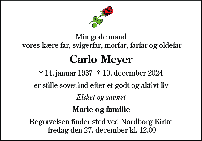 Dødsannonce for Carlo Meyer