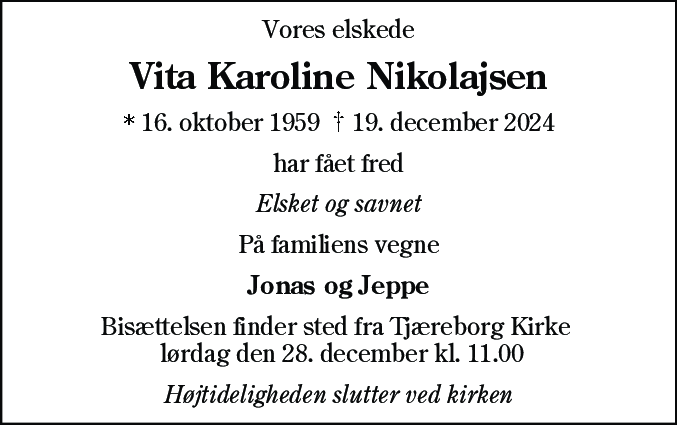 Dødsannonce for Vita Karoline Nikolajsen