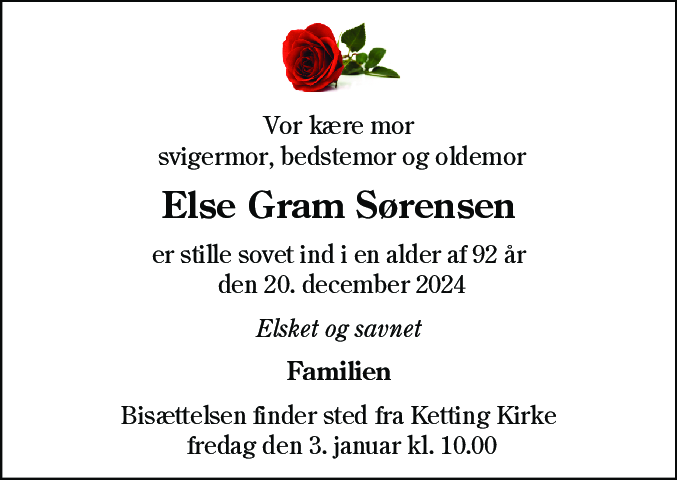Dødsannonce for Else Gram Sørensen